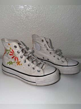 Converse White High-Top Canvas Sneakers with Hand Embroidered Florals